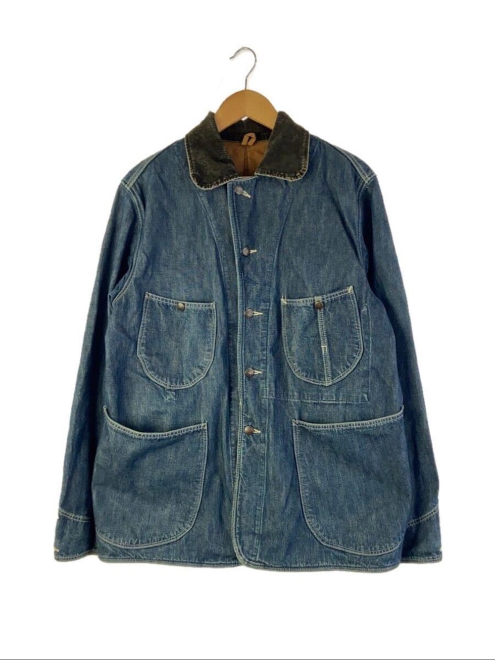 Denim Work Jacket with Contrast Corduroy Collar - Blue